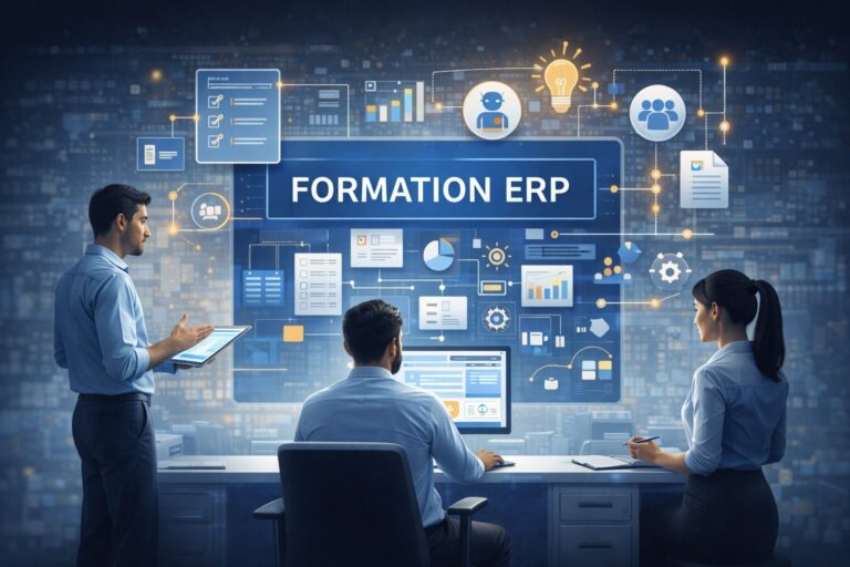 Illustration de l’accompagnement des équipes dans un projet ERP montrant des collaborateurs en formation autour de processus métiers, tableaux de bord et outils digitaux