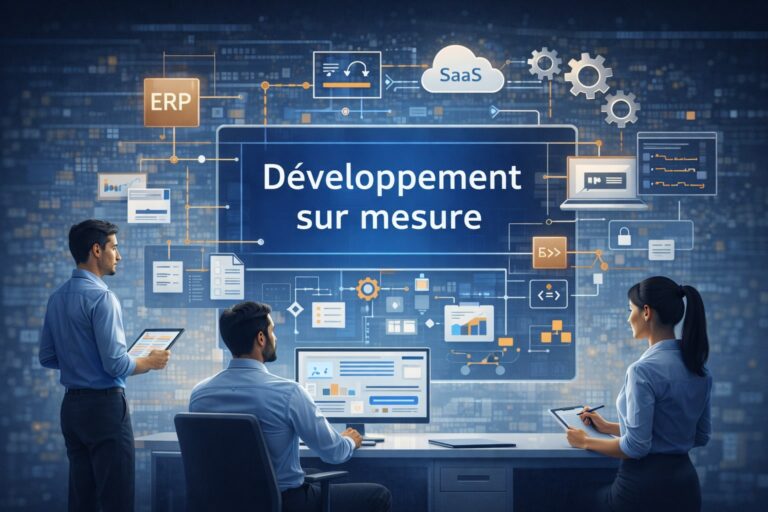 Illustration du développement sur mesure en entreprise montrant des équipes concevant des applications personnalisées connectées à un ERP et à des solutions SaaS