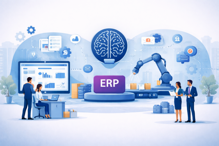 Illustration montrant l’intégration d’un ERP avec l’automatisation des processus métiers et l’intelligence artificielle pour améliorer la performance opérationnelle des entreprises