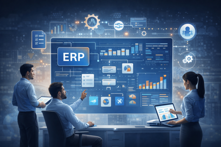 Illustration de l’intégration d’un ERP dans une PME montrant des équipes collaborant autour de tableaux de bord, de processus métiers et de données centralisées