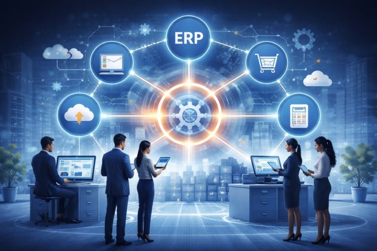 Illustration de l’intégration des systèmes d’information montrant la connexion entre ERP, CRM, e-commerce, comptabilité et services cloud pour automatiser les flux de données en entreprise