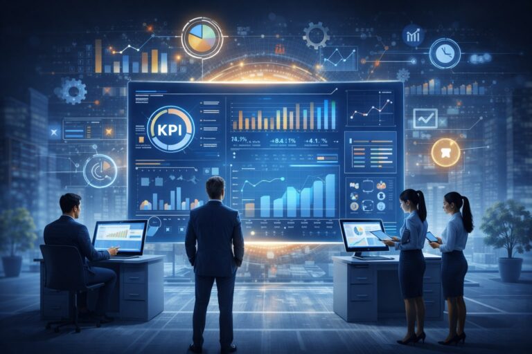 Illustration du pilotage de la performance en entreprise à l’aide de données centralisées, de KPI et de tableaux de bord issus d’un ERP