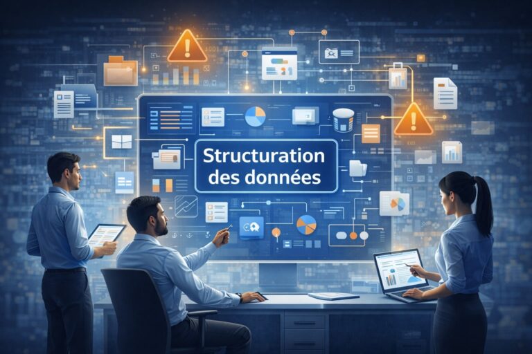 Illustration de la structuration des données en entreprise montrant des équipes organisant des informations, des flux de données et des tableaux de bord dans un système ERP