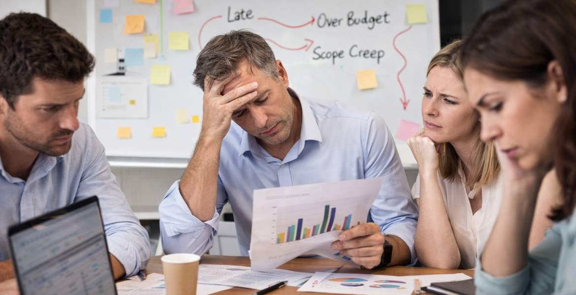Réunion d’équipe illustrant les difficultés d’un projet ERP en PME : retards, dépassements de budget et mauvaise gestion des processus